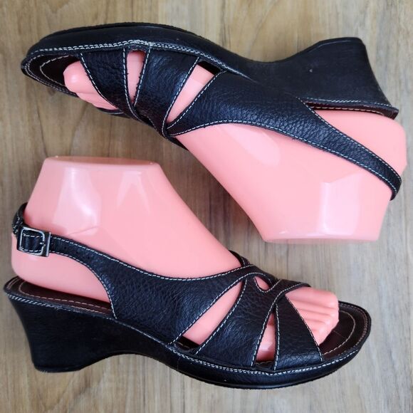 🐞Dockers Black Leather Wedge Sandals Size 6 - Picture 4 of 12
